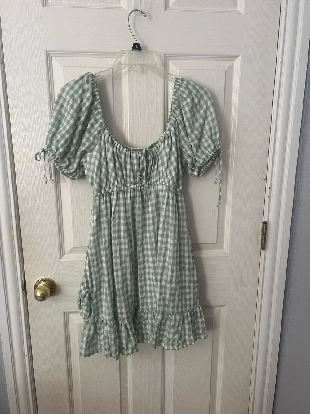 Girls Sage Green Gingham Puff-Sleeve Dress with Ruffle Hem